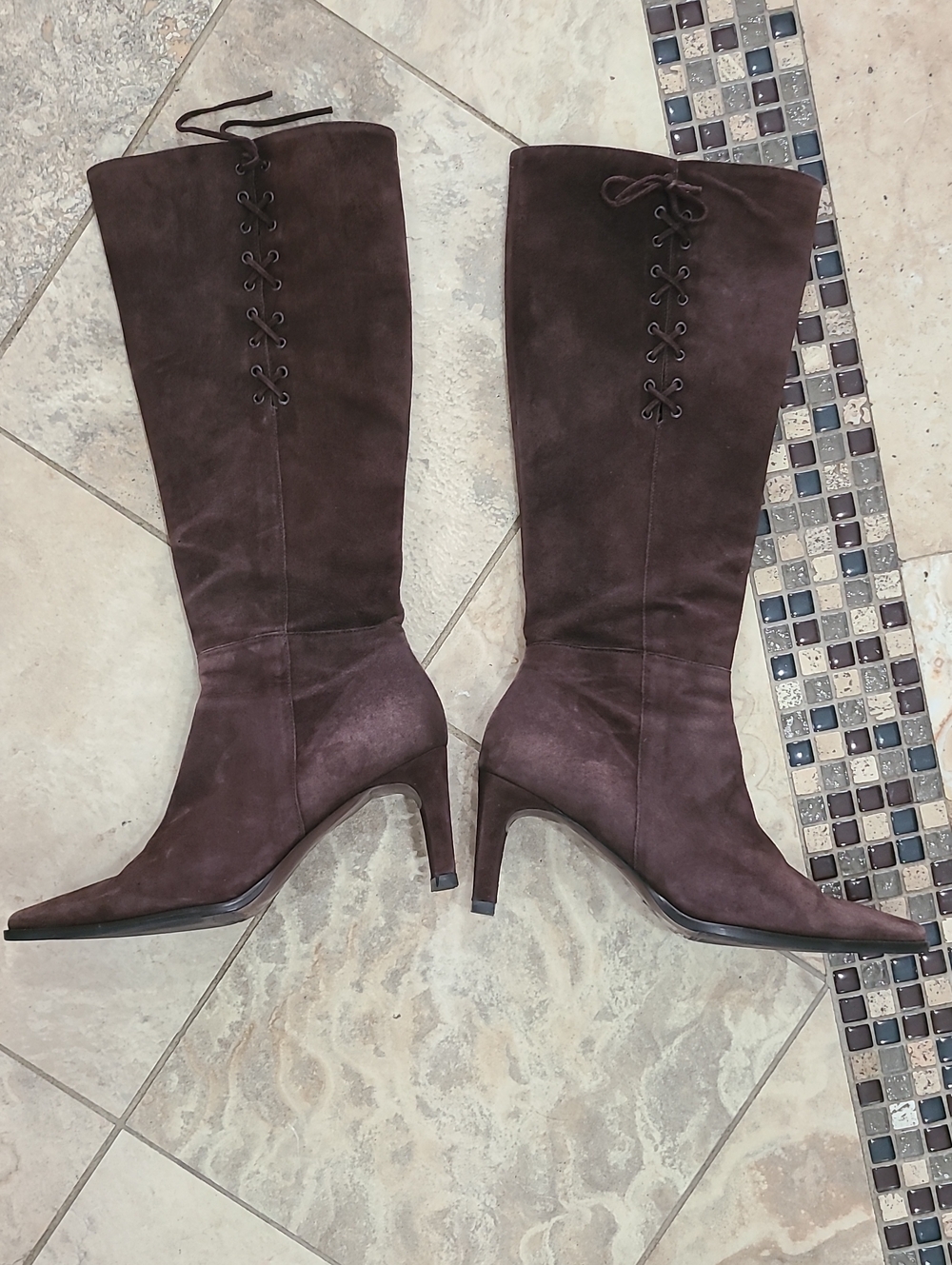 Gianni Bini Dark Brown Suede Knee-High Heeled Boots with Lace-Up Back